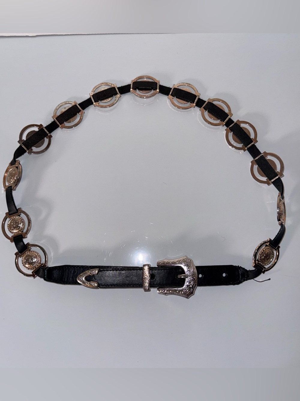 VINTAGE IVAN Leather gold silver mixed metal coastal cowgirl concho belt 35 in